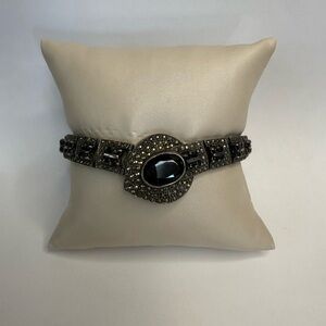 Sterling Silver Marcasite Onyx Tennis Bracelet Deco Style 7in